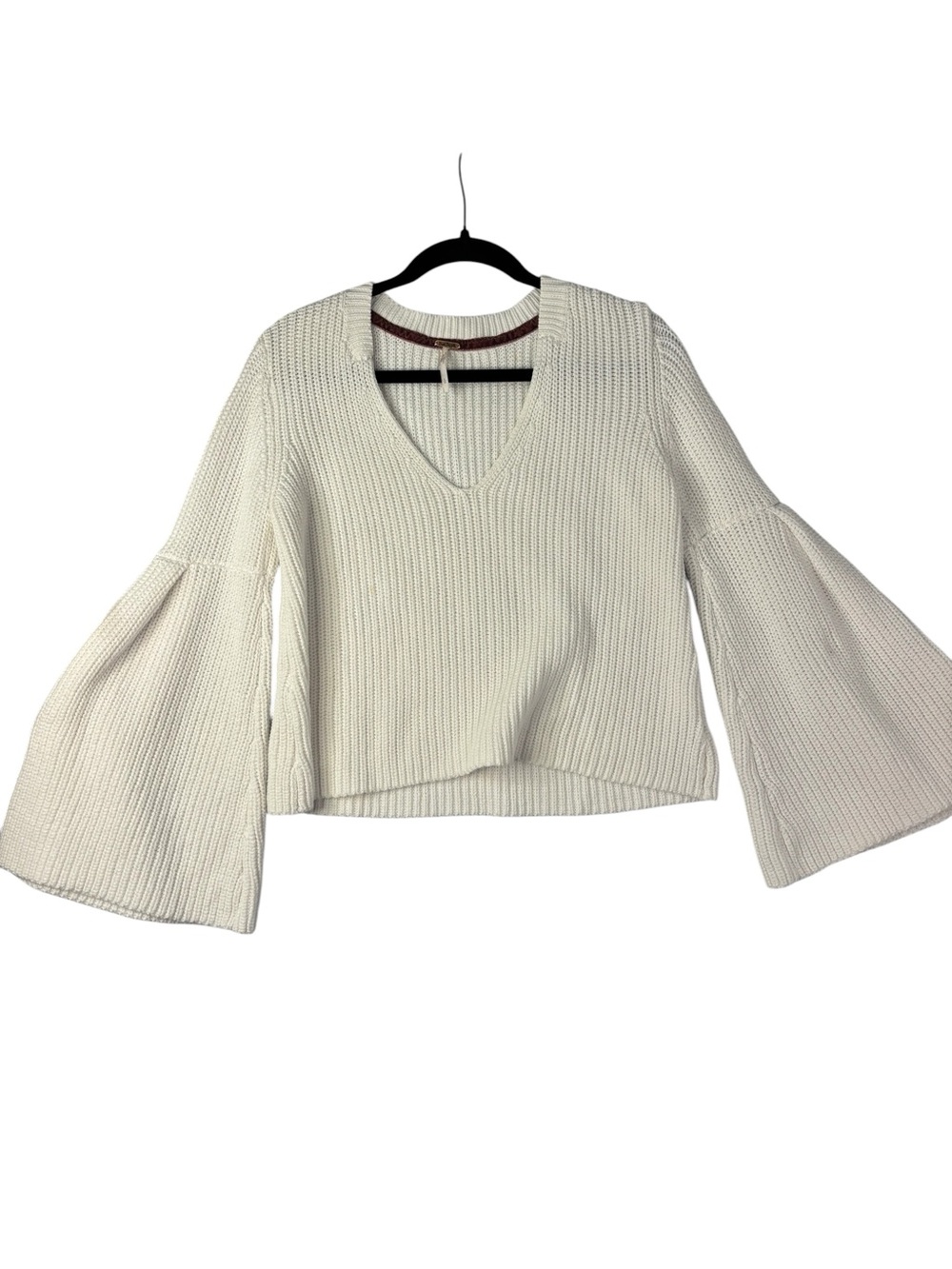 Free People Ivory White Shaker Knit V-Neck Bell Sleeve Sweater Womens Large